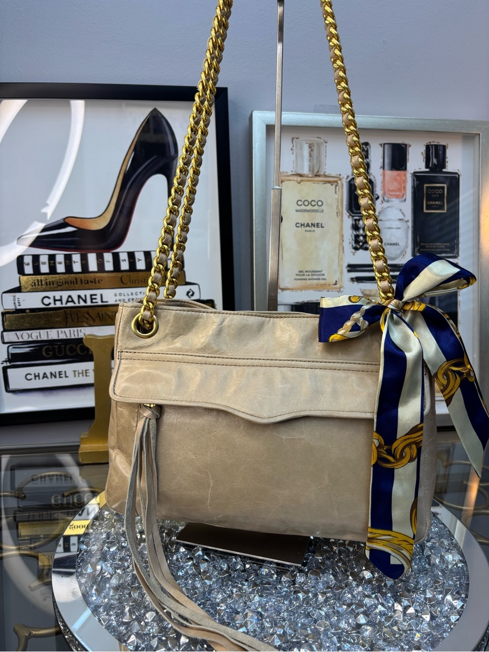 Rebecca Minkoff Swing Bag in taupe features a distinct gold chain EUC